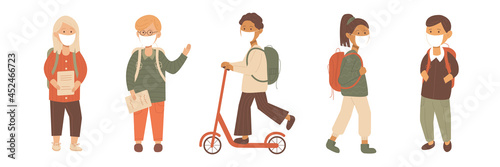 School boys and girls, student goes to school in masks. Flat vector illustration.