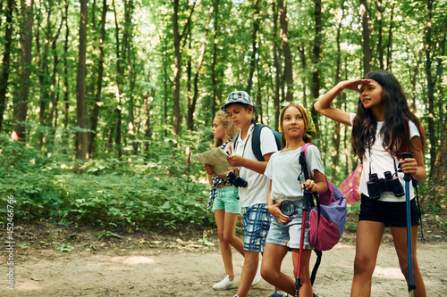Front view. Kids strolling in the forest with travel equipment
