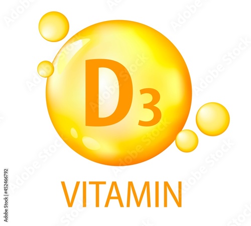 Vitamin D3, 3d realistic icon. Gelatin capsules. The concept of a healthy lifestyle, nutrition. Vitamin complex. Collection of round signs. Vector illustration.
