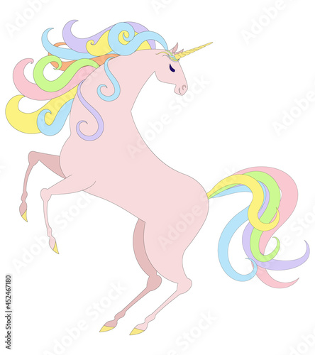 Pink unicorn standing on its hind legs Design for coloring book, tattoo, stained glass, print, etc.