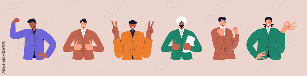 Set of successful businessman with different skin colors showing various positive emotions with gestures. Victory fingers, ok sign, clenched fist, thumbs up. Flat vector illustration. Eps 10.