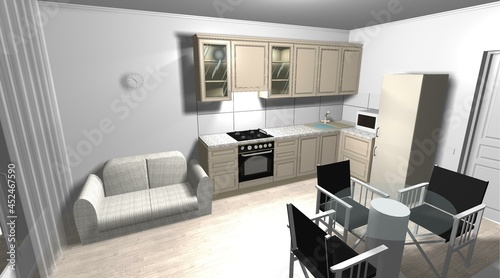 beige kitchen 3d render interior design modern furniture