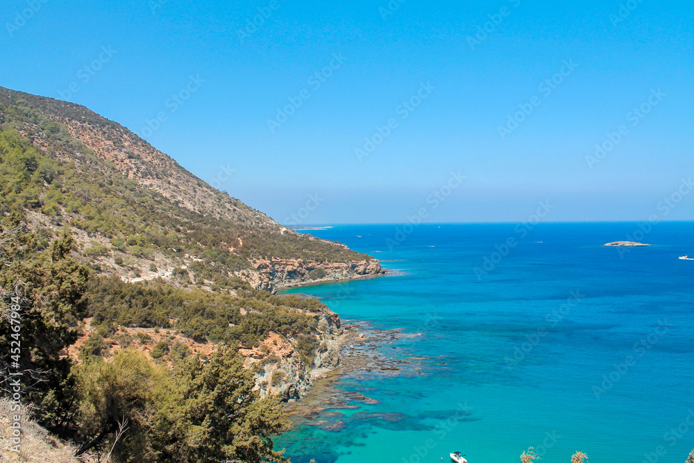 top view of the Mediterranean Sea. Seascape with turquoise clear water