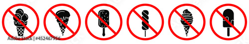 Ice cream are forbidden. Stop ice cream icons. Vector illustration. No ice cream entry