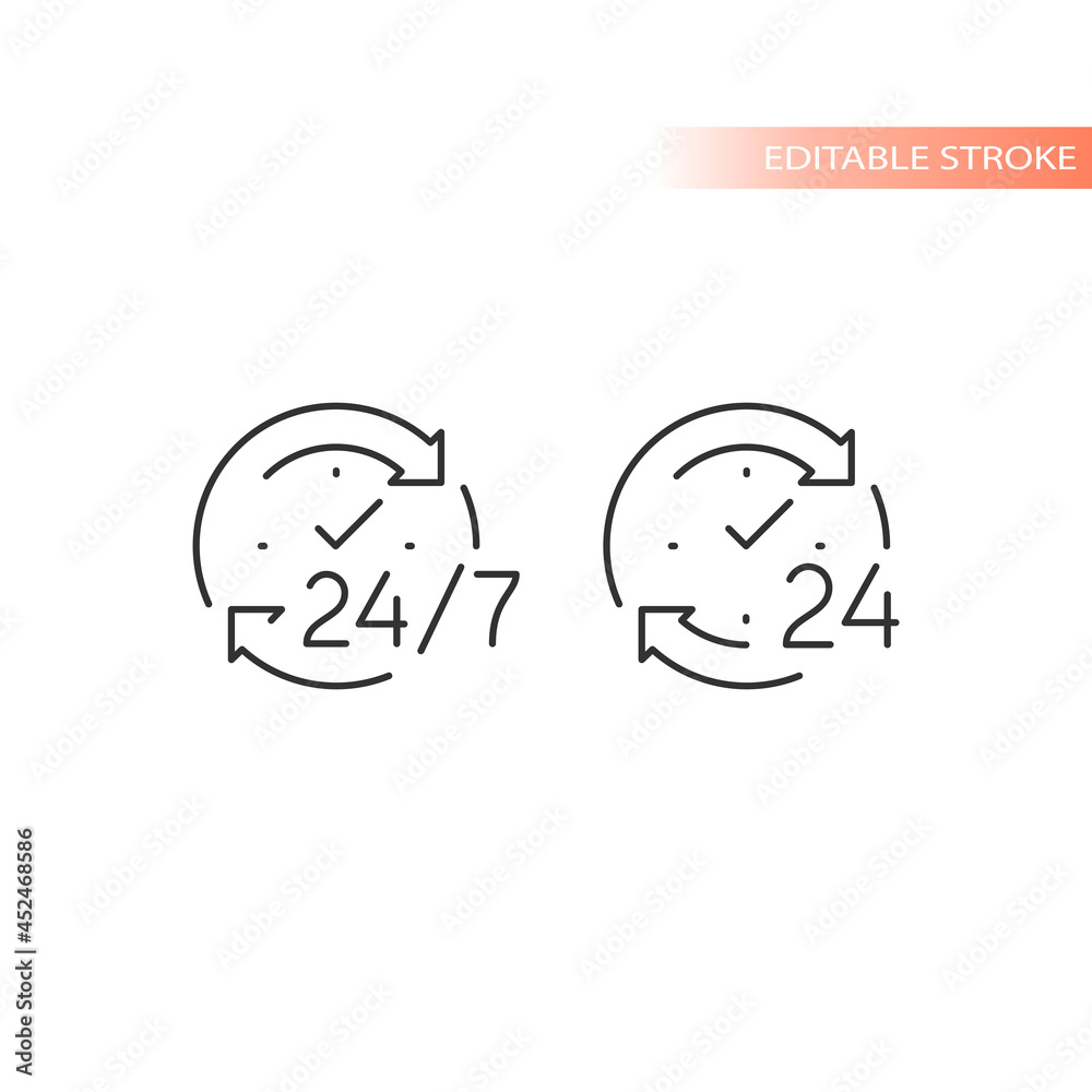 24 7 non stop arrow circle loop vector icon. Twenty four hour clock service editable stroke outline. 24 7 non stop arrow circle loop vector icon. Twenty four hour clock service editable stroke outline.