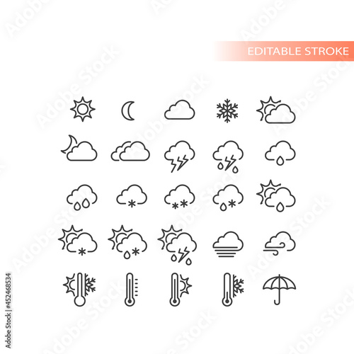 Weather forecast line vector icon set. Stormy, sunny, rain, snow icons. Sun and clouds, hot and cold symbols, editable stroke.