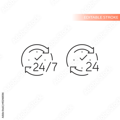 24 7 non stop arrow circle loop vector icon. Twenty four hour clock service editable stroke outline.
