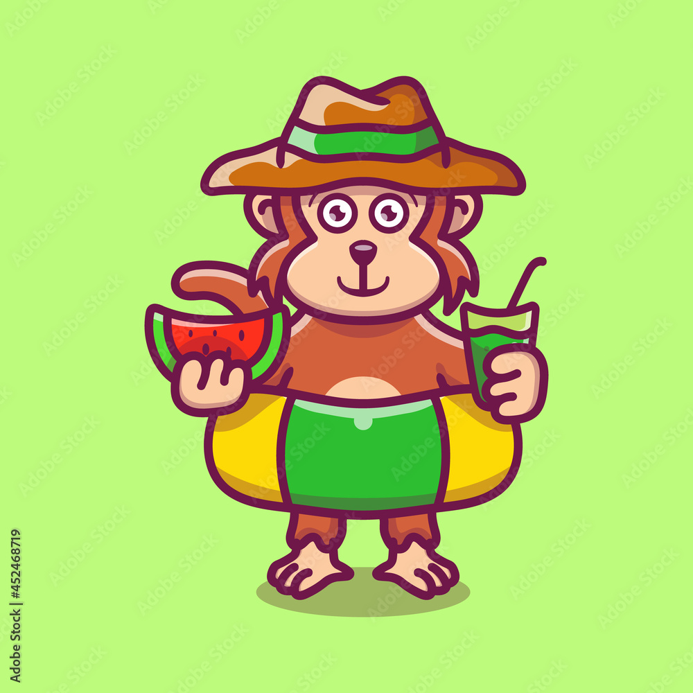 cute monkey in beach hat with Swim rings carrying watermelon and drink