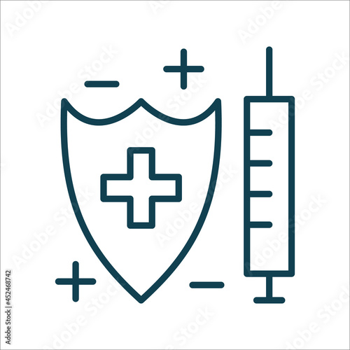 Syringe and shield line icon isolated vector. Protection. Editable stroke symbol. Vaccines against virus, vaccination sheldule, anti vaccine, shield virus. Flu, hepatitis, measles covid prevention