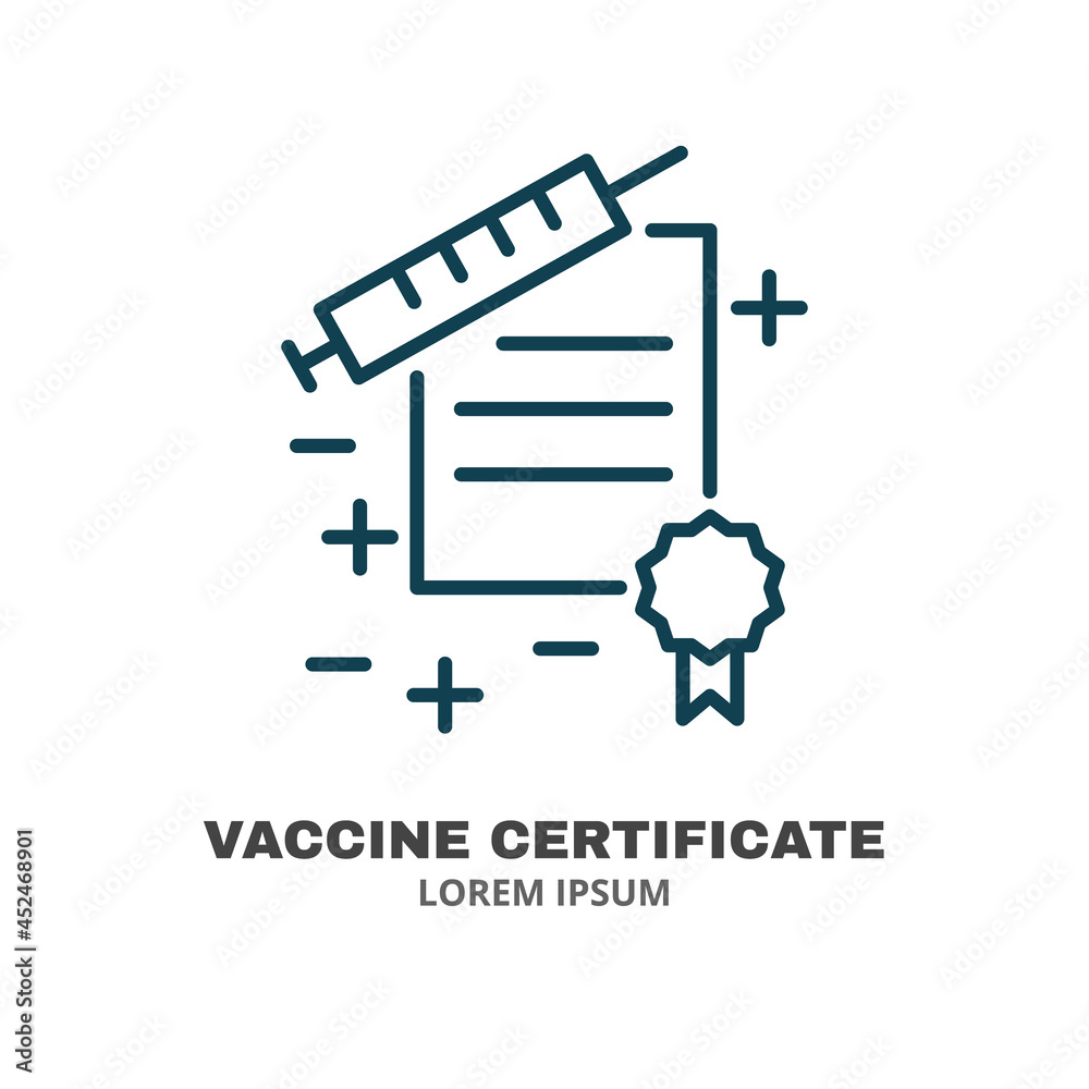 Vaccine certificate reliability icon. Paper and syringe. Editable stroke symbol. Vaccines against virus, vaccination sheldule, anti vaccine, shield virus. Flu, hepatitis, measles covid prevention