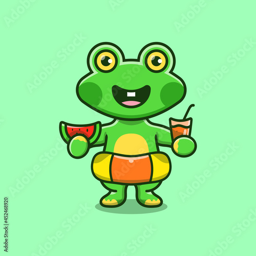cute frog in beach hat with Swim rings carrying watermelon and drink