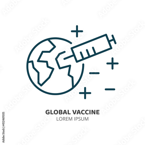 syringe and earth line icon isolated vector. Vaccination map. Editable stroke symbol. Vaccines against virus, vaccination sheldule, anti vaccine, shield virus. Flu, hepatitis, measles covid prevention