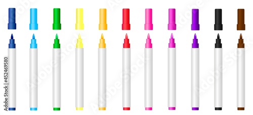 Markers. A set of colorful, multi-colored markers. Realistic bright pens for drawing on paper. Children's pencils, collection of different colors. Underline and highlight text. Vector illustration.