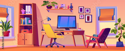 Workplace with convenient furniture and modern gadgets. Home office with supplies and devices for completing tasks and projects. Room with shelves and pictures on walls. Vector in flat style