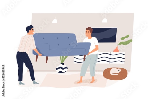 Happy people carrying sofa to refurnish living room. Family moving couch, furnishing home with new modern furniture. Men renewing apartment. Flat vector illustration isolated on white background