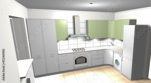 green kitchen 3d render interior design modern furniture