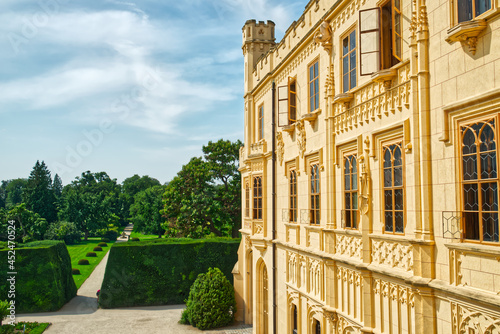 Wall detail of Lednice Chateau on summer day. Lednice - Valtice landscape, Czech South Moravia region. The UNESCO World Heritage Site. photo