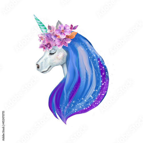 Fototapeta Naklejka Na Ścianę i Meble -  watercolor illustration of a unicorn with flowers on its head a multicolored mane isolated on a white background.