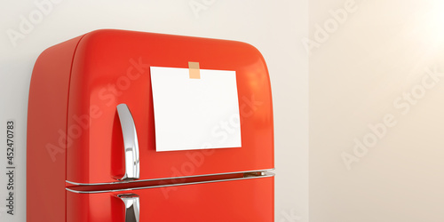blank memo note sticker on red refrigerator close up. blank paper reminder on red retro fridge door close up mockup. 3d render