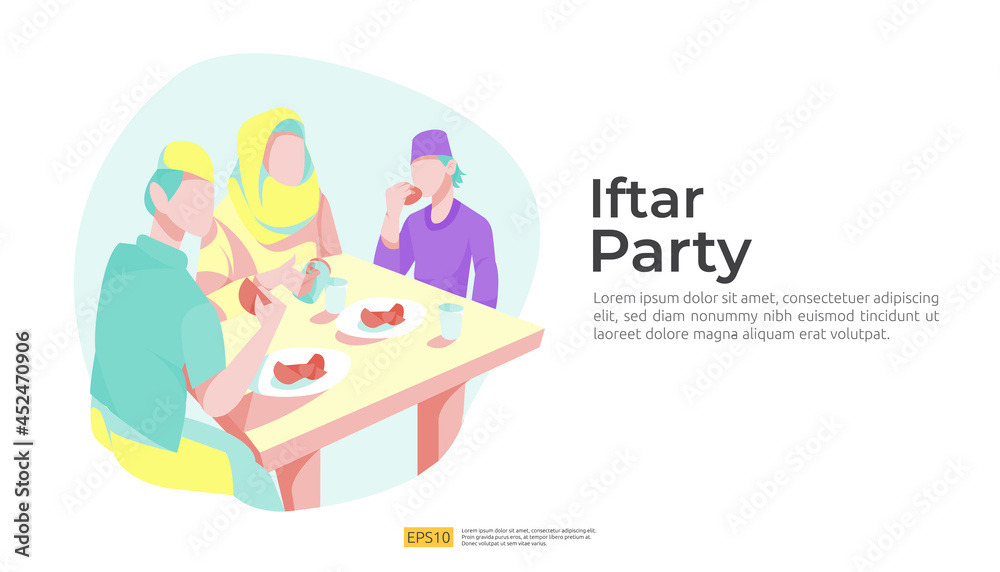 Muslim family dinner on Ramadan Kareem or celebrating Eid with people character. Iftar Eating After Fasting feast party concept. web landing page template, banner, presentation, social or print media