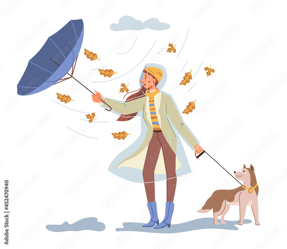 Female personage walking dog outdoors under rainy and windy weather in  autumn. Fall seasonal weather, lady with umbrella and protective raincoat. Cartoon  character in flat style vector illustration Stock Vector | Adobe