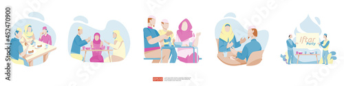 Muslim family dinner on Ramadan Kareem or celebrating Eid with people character. Iftar Eating After Fasting feast party concept. web landing page template, banner, presentation, social or print media