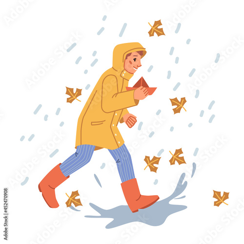 Child playing with paper boat under autumn rain. Happy boy with toy in hands running on puddles, kid wearing raincoat and protective rubber wellingtons. Cartoon character in flat style vector