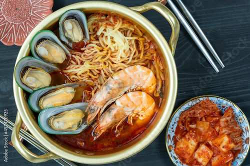 Korean traditional Noodle, Jjamppong Spicy Seafood Noodle Soup, Korean Noodle in Spicy Seafood soup, 4k resolution