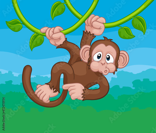 Monkey Singing On Jungle Vines Pointing Cartoon