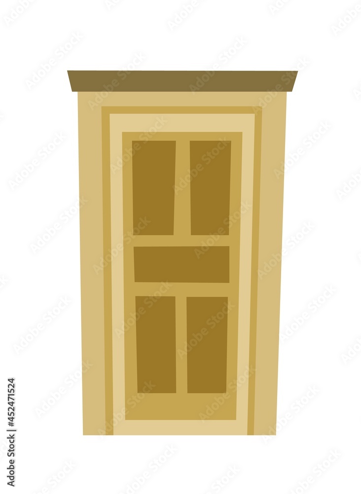 Paneled Door is closed. Doorway of house or apartment. Entrance is outside. Cheerful cartoon style. Isolated on white background. Vector Paneled Door is closed. Doorway of house or apartment. Entrance is outside. Cheerful cartoon style. Isolated on white background. Vector