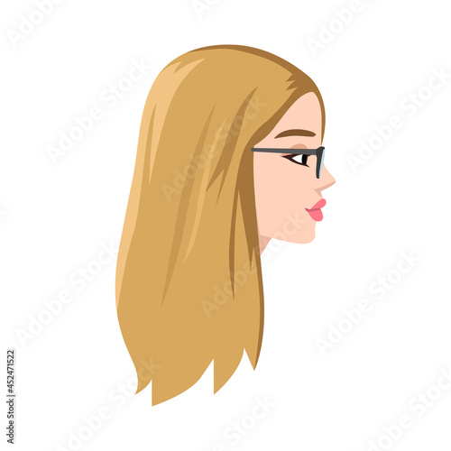 Portrait of a charming blonde in profile view. A beautiful woman with blue eyes, short hair, full lips. The girl smiles, looks away. Vector illustration for a profile avatar in a social network.