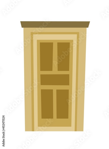 Paneled Door is closed. Doorway of house or apartment. Entrance is outside. Cheerful cartoon style. Isolated on white background. Vector