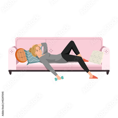 Apathetic young woman lying on sofa in messy room or apartment. Lazy girl resting on couch at home. Apathy and indifference. Flat cartoon vector illustration.