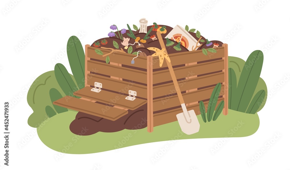 Compost box full of organic bio waste. Pile of natural fertilizer for agriculture. Decomposition and composting of biodegradable garbage. Flat vector illustration of humus isolated on white background - obrazy, fototapety, plakaty 
