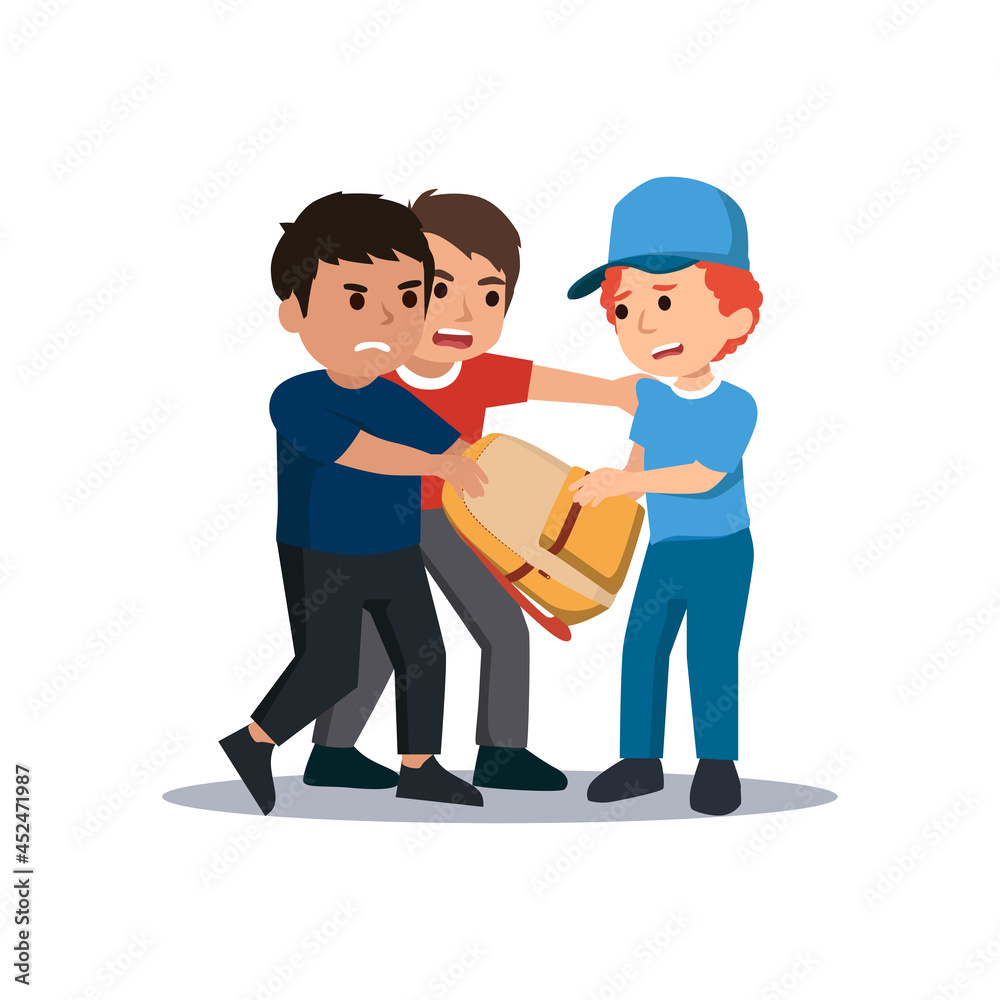 Sad boy going through school. School boys laughing and pointing at boy. Taking his bag. Bulling at school. Vector illustration. Isolated Sad boy going through school. School boys laughing and pointing at boy. Taking his bag. Bulling at school. Vector illustration. Isolated