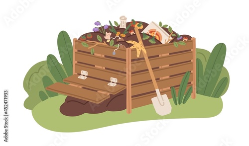 Compost box full of organic bio waste. Pile of natural fertilizer for agriculture. Decomposition and composting of biodegradable garbage. Flat vector illustration of humus isolated on white background