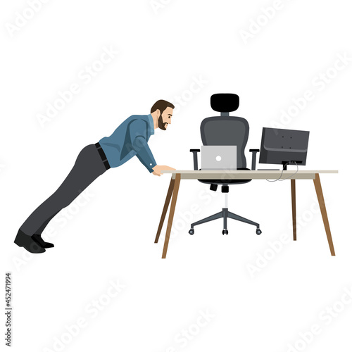 Man in business clothes is doing exercises push up in the office chair. Businessman in healthy mode. Vector flat illustration.