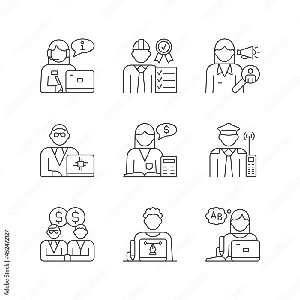 Employees team RGB linear icons set. Security guard. Staff of organization. Team of workers.Customizable thin line contour symbols. Isolated vector outline illustrations. Editable stroke Employees team RGB linear icons set. Security guard. Staff of organization. Team of workers.Customizable thin line contour symbols. Isolated vector outline illustrations. Editable stroke