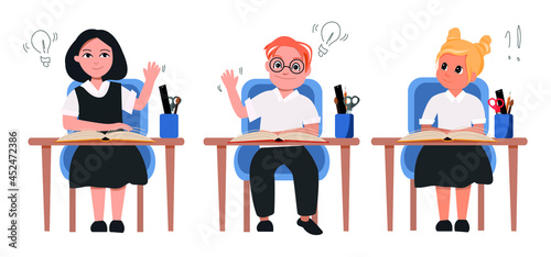 Pupils are sitting at a desk. Vector illustration.