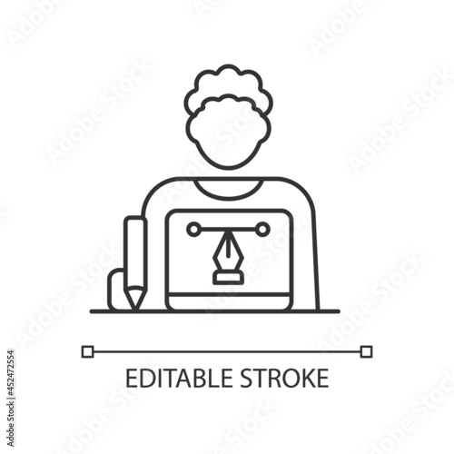 Graphic designer RGB linear icon. Creating websites, advertisment. Freelance job. Visual artist. Thin line customizable illustration. Contour symbol. Vector isolated outline drawing. Editable stroke