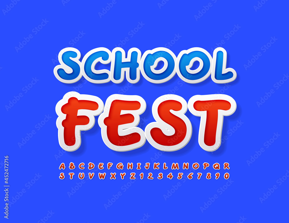 Vector event flyer School Fest. White and Red Alphabet Letters and Numbers. Handwritten style Font
