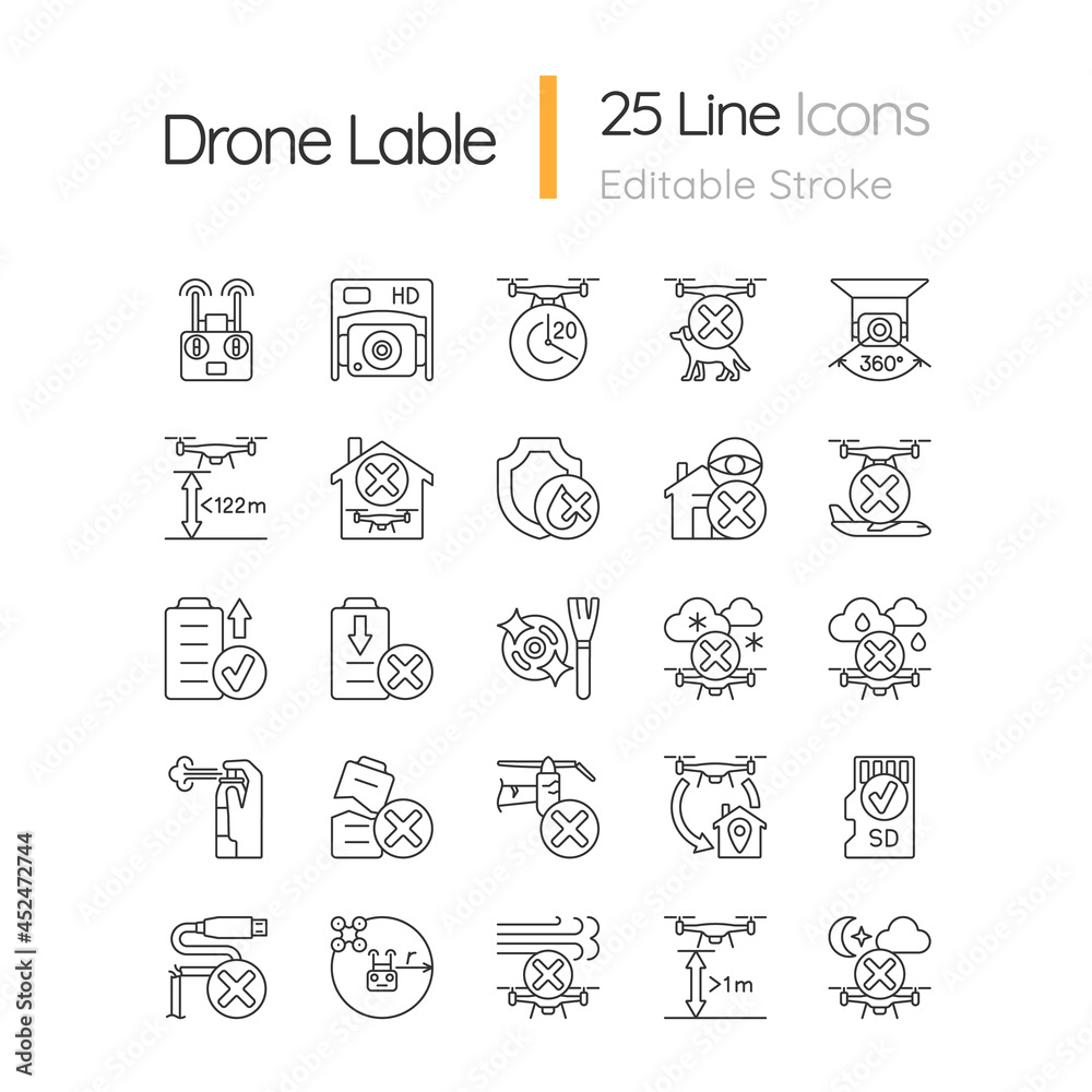 Drone usage linear manual label icons set. Drone flight restriction. Customizable thin line contour symbols. Isolated vector outline illustrations for product use instructions. Editable stroke