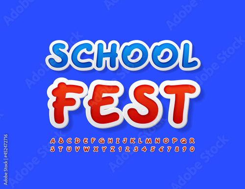 Vector event flyer School Fest. White and Red Alphabet Letters and Numbers. Handwritten style Font