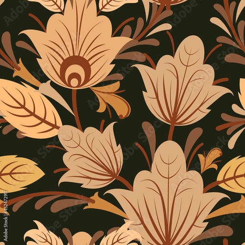 Summer vegetable seamless pattern. Beautiful ornament with interlacing branches and flowers on a dark background. Nicely. Flatly symbolic style. Country wild herbs. Vector