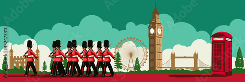 English soldier and England Landmarks and symbols with cartoon flat colored design