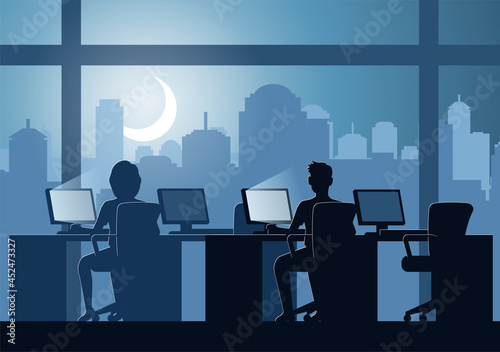 Silhouette design of office workers doing works over time at night,vector illustration