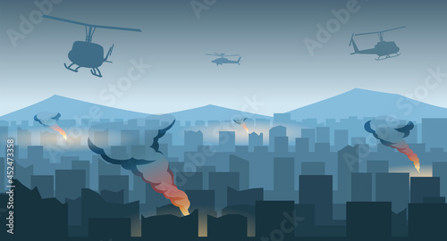Silhouette design of war in the middle of city