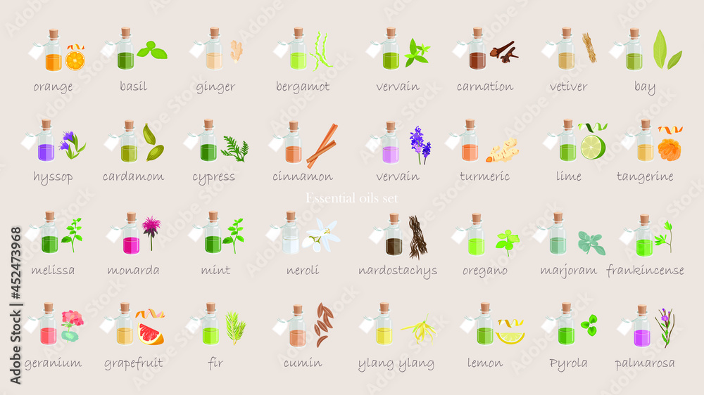A large set of essential oil icons. Plants for aromatherapy. Oil icons for stores and magazines. The best herbs for aromatherapy. Set of medicinal plants. Vector collection for perfumes and cosmetic. A large set of essential oil icons. Plants for aromatherapy. Oil icons for stores and magazines. The best herbs for aromatherapy. Set of medicinal plants. Vector collection for perfumes and cosmetic.
