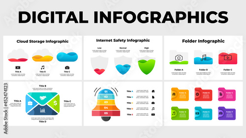 Digital infographics collection. Slide templates presentation. Internet technologies illustration. Cloud service illustration. Creative web concept. 