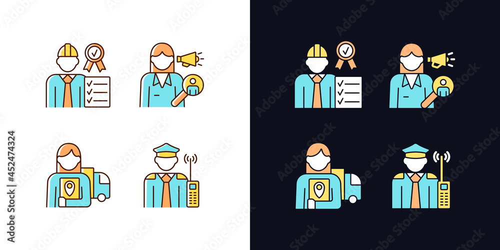 Staff of company light and dark theme RGB color icons set. Quality control manager. Organization employees. Isolated vector illustrations on white and black space. Simple filled line drawings pack Staff of company light and dark theme RGB color icons set. Quality control manager. Organization employees. Isolated vector illustrations on white and black space. Simple filled line drawings pack